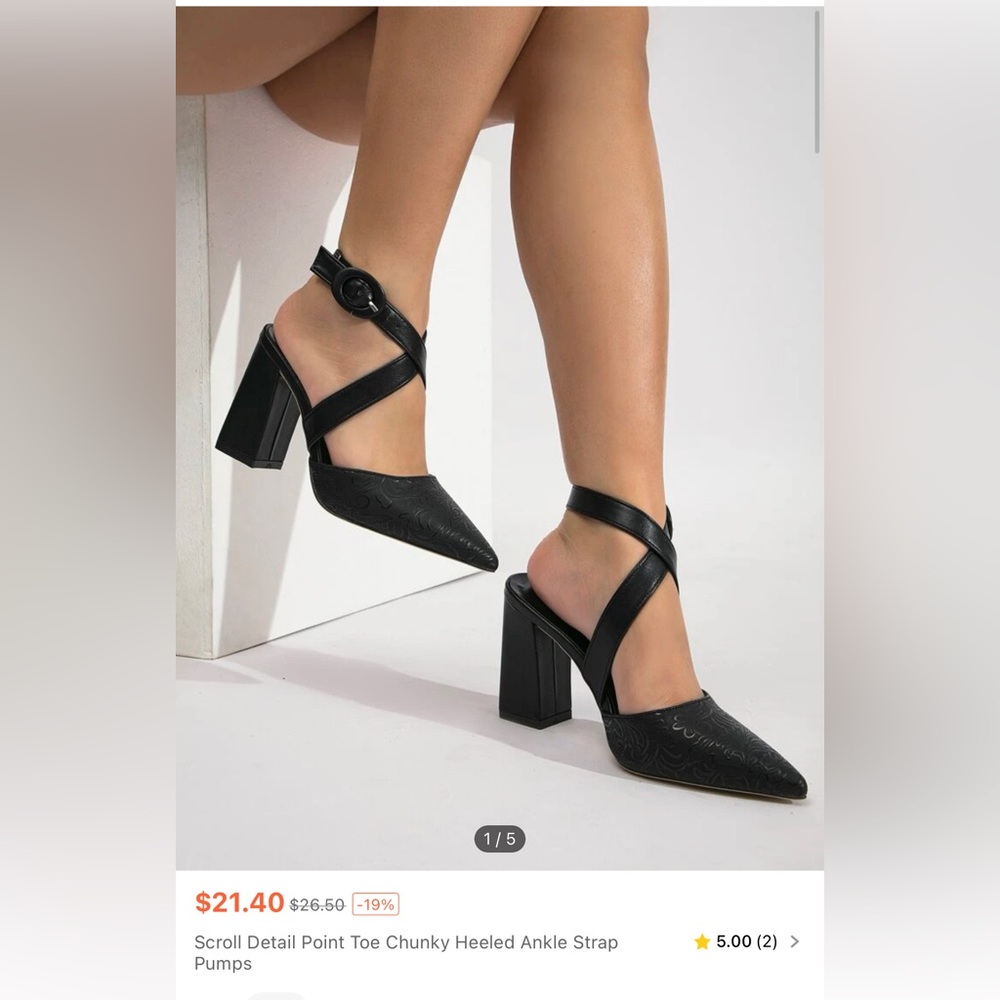 Pointed toe chunky heel pumps wrap ankle straps black